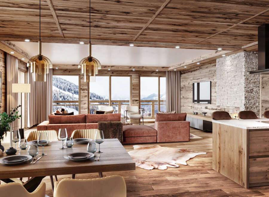 This stunning chalet boasts an open-plan living area with floor-to-ceiling windows offering breathtaking mountain views, a cozy fireplace, and a modern kitchen with a large island.