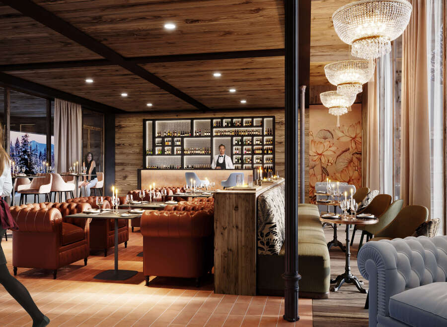 This luxurious restaurant boasts a stunning interior with a rustic-chic design, featuring a beautiful wooden bar, comfortable leather armchairs, and elegant chandeliers.