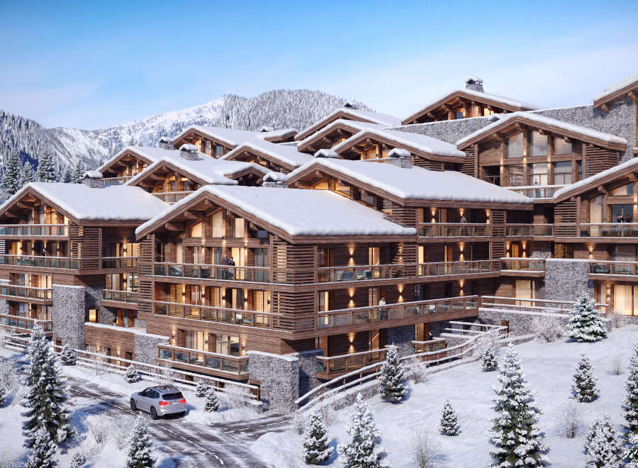 Luxury chalet-style apartments nestled in a stunning snowy mountain setting.