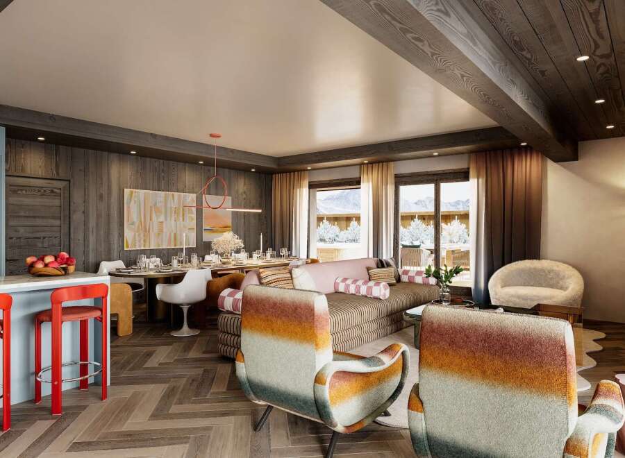 This stunning property boasts an open-concept living area with a herringbone wood floor, seamlessly connecting the kitchen, dining, and living room.