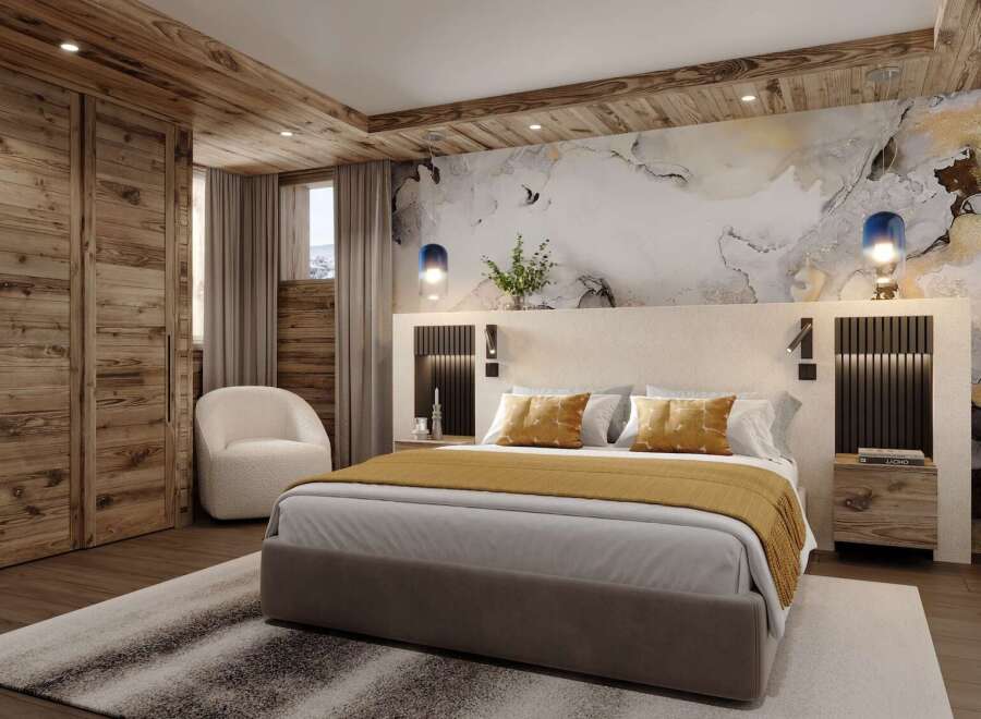 This luxurious bedroom boasts a stunning marble-effect wall, complemented by a cozy wooden ceiling and floor.