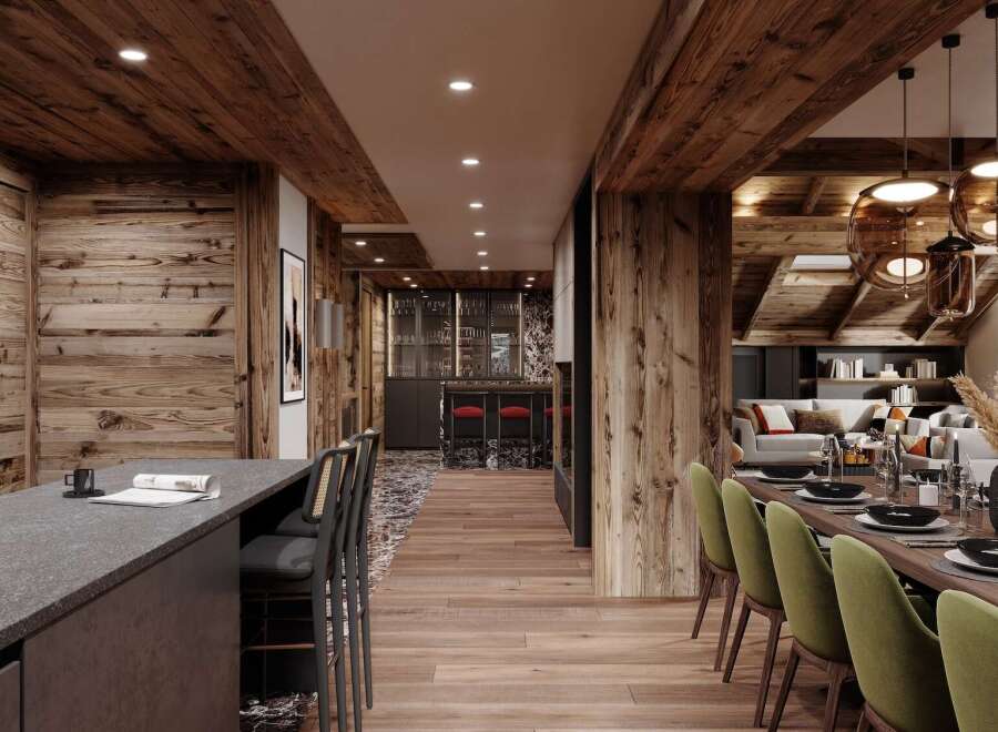 This stunning chalet boasts a spacious open-plan living area with a large dining table perfect for gatherings, a modern kitchen with a breakfast bar, and a cozy living room with a fireplace.