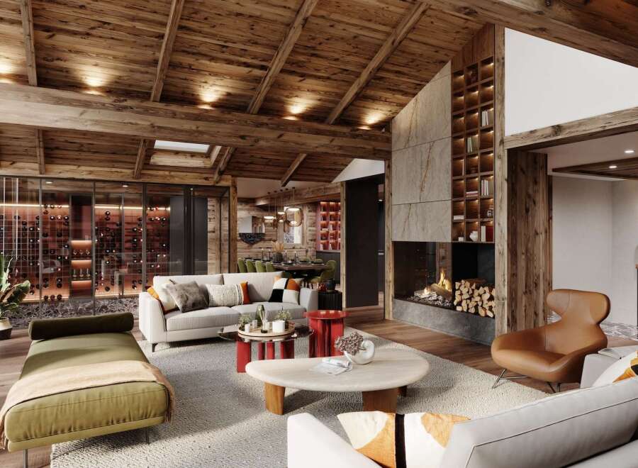 This stunning chalet boasts a spacious open-plan living area with a cozy fireplace, a built-in wine cellar, and large windows offering breathtaking views.