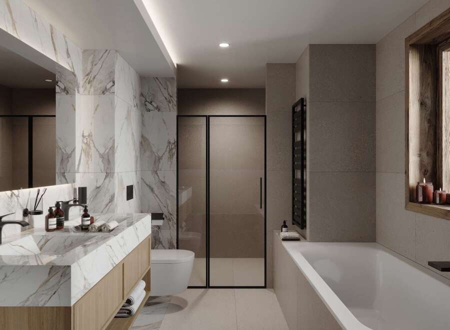 This luxurious bathroom boasts a stunning marble vanity with double sinks, complemented by sleek black fixtures.
