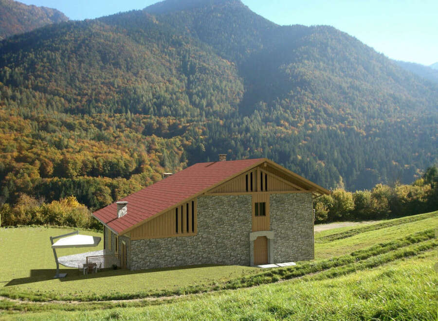 Nestled in a picturesque mountain setting, this charming property boasts a stone facade and a warm, inviting red-tiled roof.