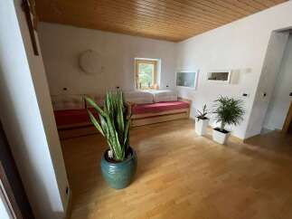 Discover a cozy living space with a warm wooden ceiling and inviting natural light.