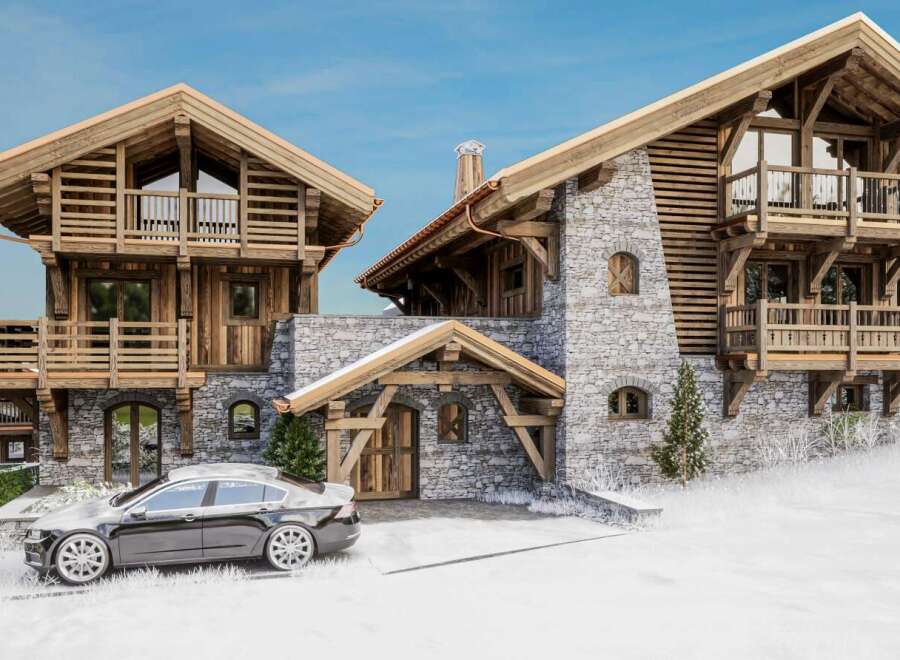Luxury chalet in the snowy mountains with stunning architectural details.