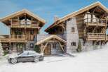 Luxury chalet in the snowy mountains with stunning architectural details.