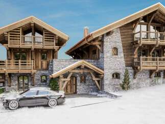 Luxury chalet in the snowy mountains with stunning architectural details.