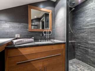 Discover a luxurious bathroom featuring a sleek design with a modern shower and stylish vanity.