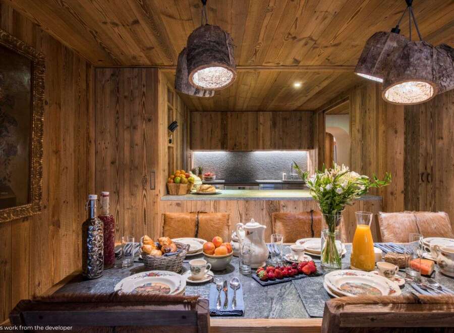 Experience rustic elegance in this stunning dining room.