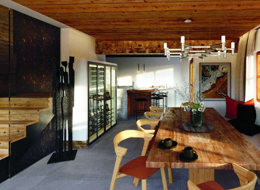 This stunning property boasts a modern dining area with a rustic wooden table and stylish chairs, perfect for entertaining.