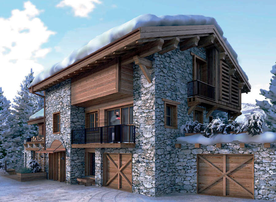 This stunning chalet boasts a beautiful stone exterior and a charming wooden facade.