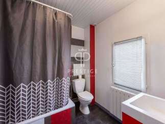 Discover this charming bathroom featuring a stylish shower curtain with a unique pattern.