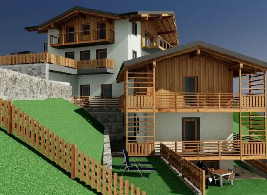 Discover your dream home nestled in the mountains! This stunning property boasts a unique architectural design with wooden accents and multiple balconies, offering breathtaking views.