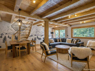 Experience rustic charm in this stunning property featuring exposed wooden beams and a cozy living space.