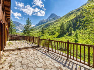Experience breathtaking mountain views from the expansive stone patio of this charming wooden cabin.