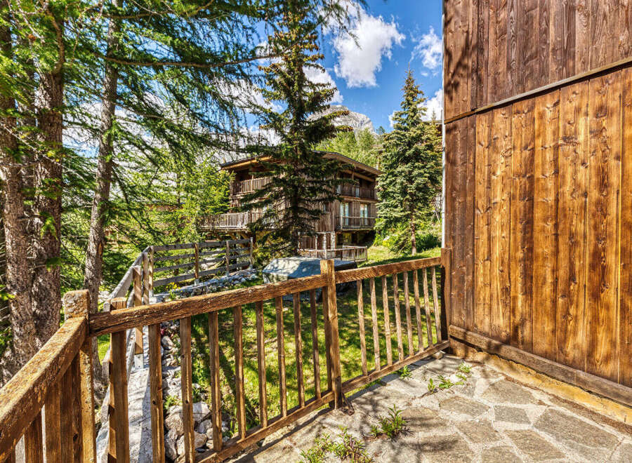Experience the charm of this rustic wooden chalet nestled amidst lush green trees and a breathtaking mountain backdrop.