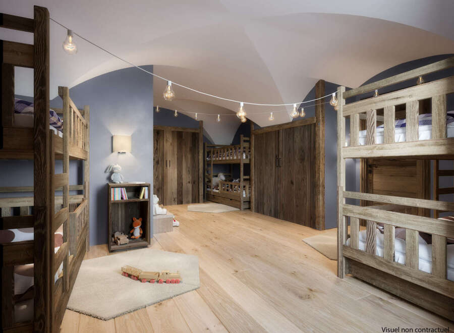 This charming bedroom features rustic wooden bunk beds, perfect for a cozy and inviting space.