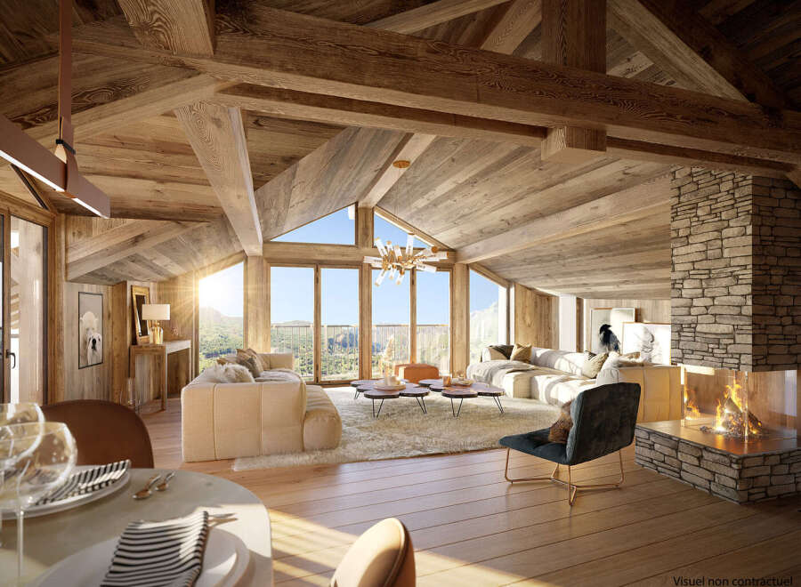 Experience luxury living in this stunning chalet, featuring a cozy fireplace and expansive windows that frame breathtaking mountain views.