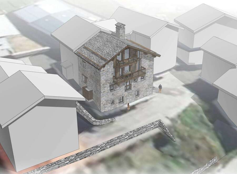 Discover a charming architectural rendering of a stone house nestled in a serene environment.