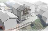 Discover a charming architectural rendering of a stone house nestled in a serene environment.