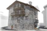 This stunning stone-clad building boasts a charming alpine design, complete with multiple balconies offering breathtaking views.