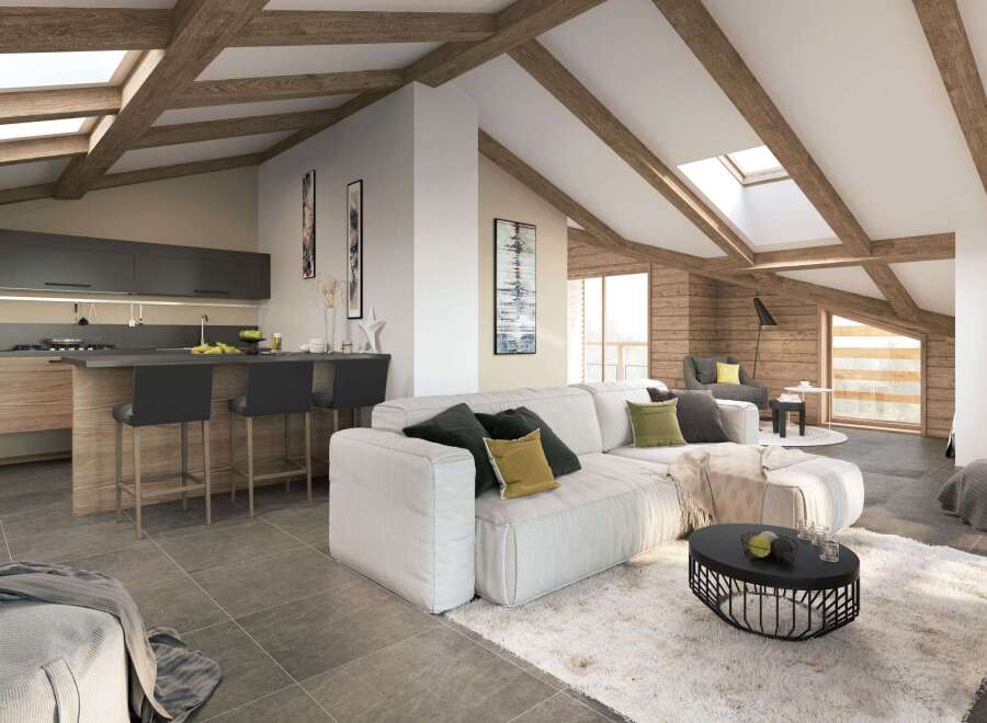 Experience luxury living in this stunning property featuring a modern kitchen with sleek countertops and bar seating.