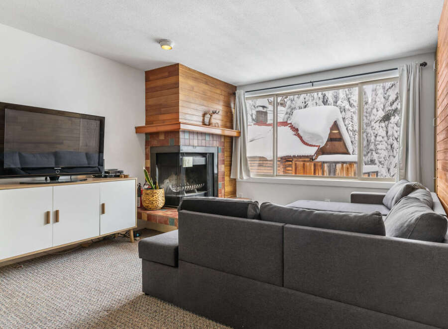 Cozy up in this charming living room with a fireplace and a stunning view of the snowy landscape.