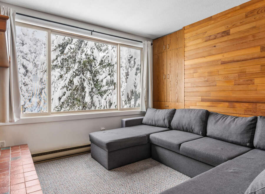 Cozy living space with a stunning view! This property features a comfortable gray sectional sofa, perfect for relaxing.