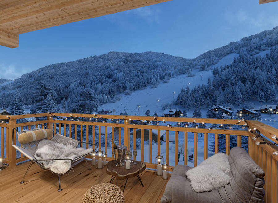 Enjoy breathtaking mountain views from this cozy balcony.