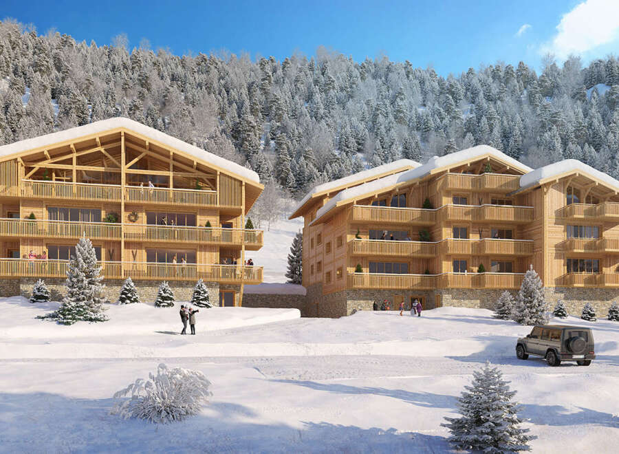 Experience the ultimate in luxury living with these stunning wooden chalets nestled in a winter wonderland.