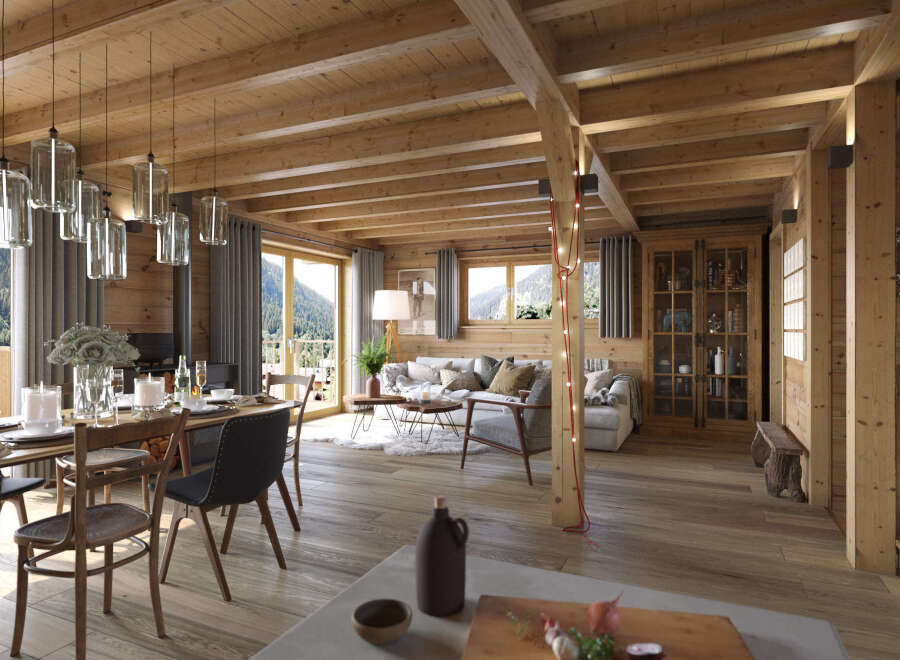 Experience the charm of this stunning wooden cabin, featuring a spacious living area with a cozy fireplace.