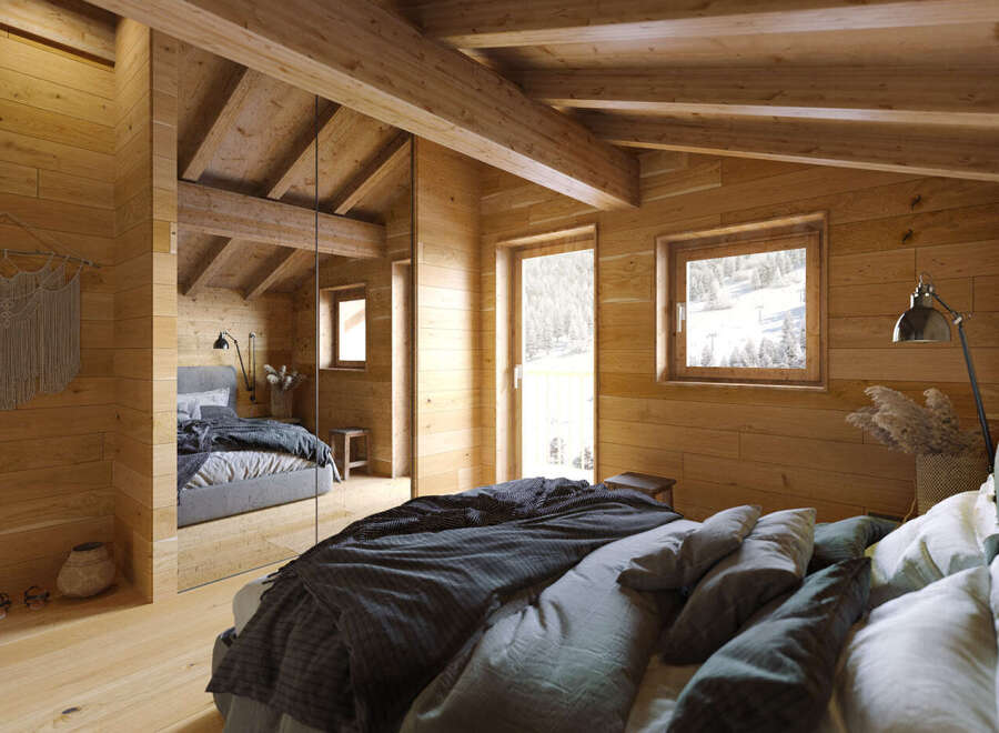 Experience the warmth of this stunning wooden bedroom, a perfect retreat for relaxation.