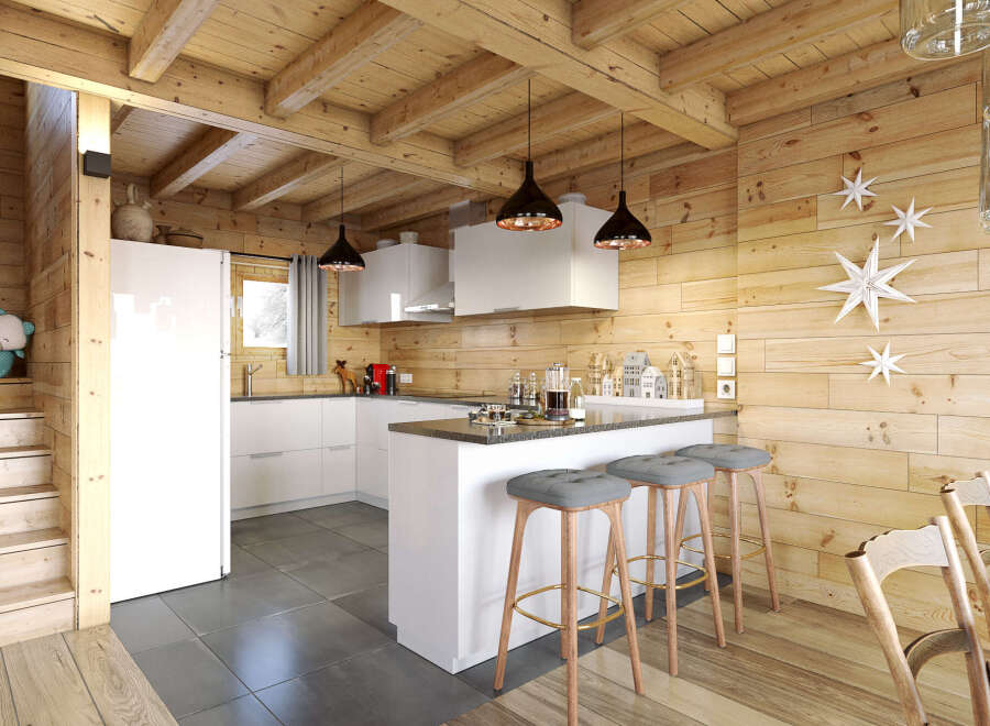 Step into a cozy cabin kitchen, where rustic charm meets modern design.