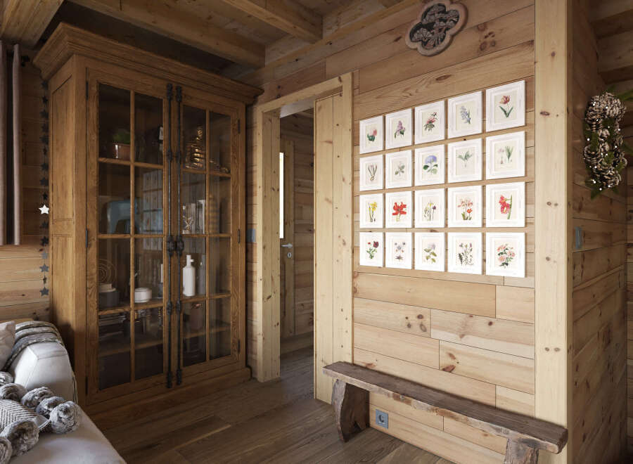 Step into a cozy haven with this charming wooden interior.