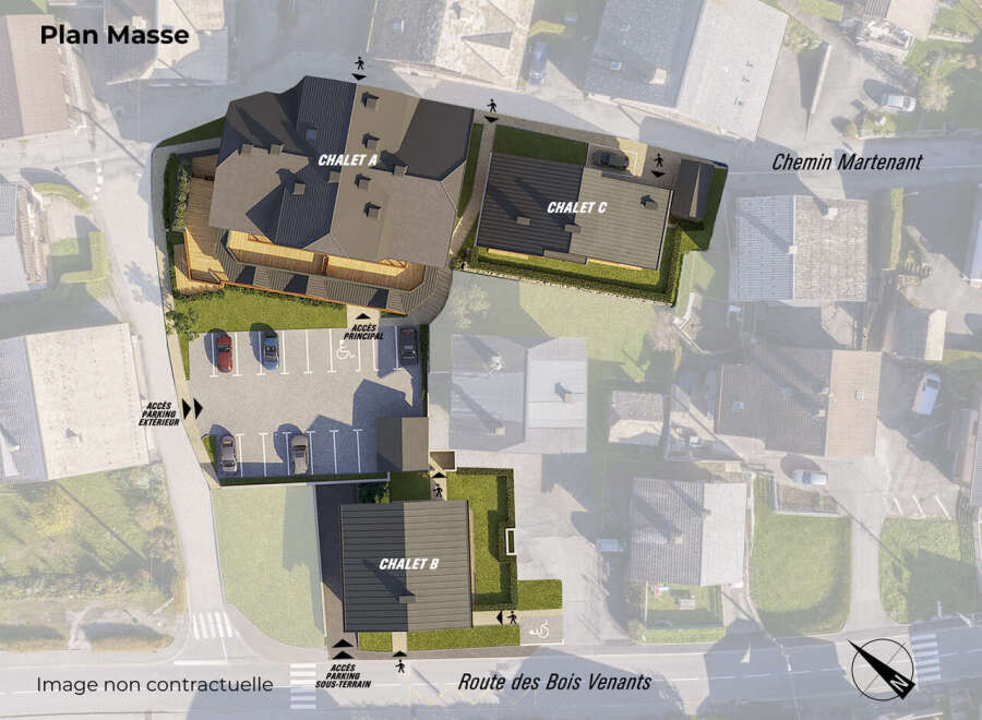 Discover a stunning property featuring multiple chalets, including Chalet A, B, and C, offering a variety of living spaces.