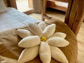 Experience rustic charm in this cozy bedroom, featuring a unique flower-shaped pillow and a comfortable bed.