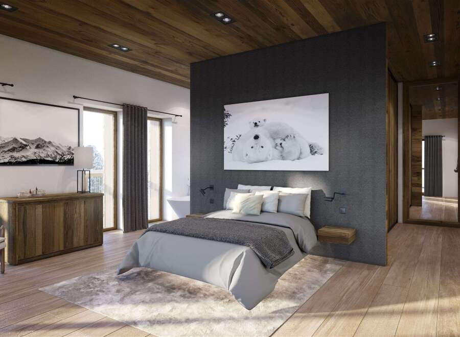 Experience luxury in this stunning bedroom featuring a cozy ambiance.