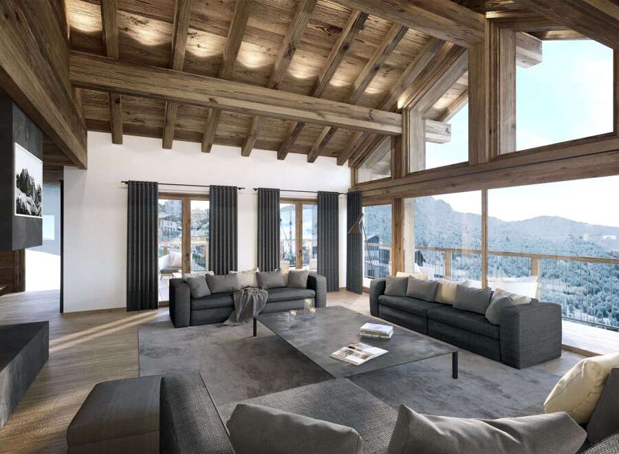 Experience luxury living in this stunning chalet, boasting a grand, open-plan design with exposed wooden beams.