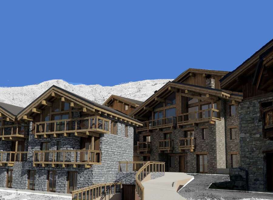 Discover the charm of these stunning stone-clad chalets, nestled in a picturesque mountain setting.