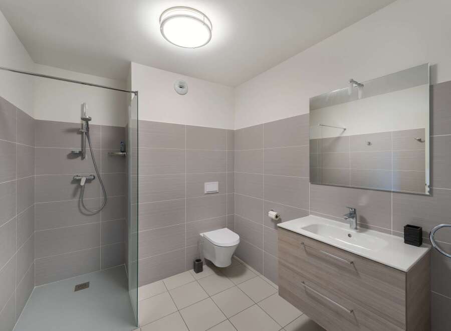 Step into this modern bathroom, featuring a sleek shower enclosure and contemporary fixtures.