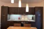 Modern kitchen with sleek dark wood cabinetry and stainless steel appliances.
