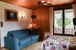 Cozy up in this charming apartment featuring a comfortable blue sofa and a rustic wooden interior.