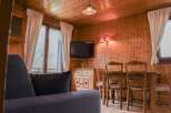 Cozy cabin living at its finest! This charming space features warm wood paneling, creating a rustic and inviting atmosphere.