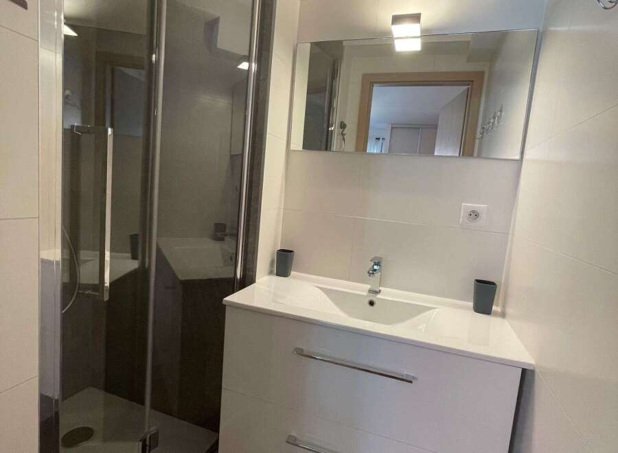 Discover a modern bathroom with a sleek shower enclosure.