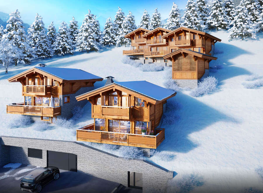 Experience the ultimate winter getaway in these stunning chalets nestled in a snowy landscape.