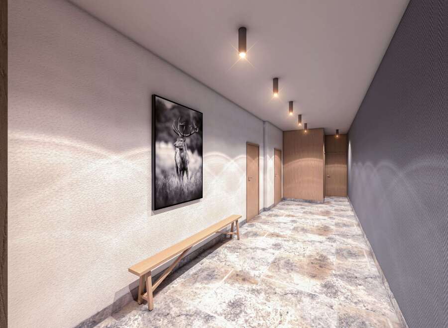 This stunning hallway features a modern design with a touch of nature.