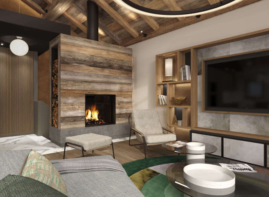 Experience the warmth of a cozy living space with a rustic fireplace and wooden accents.