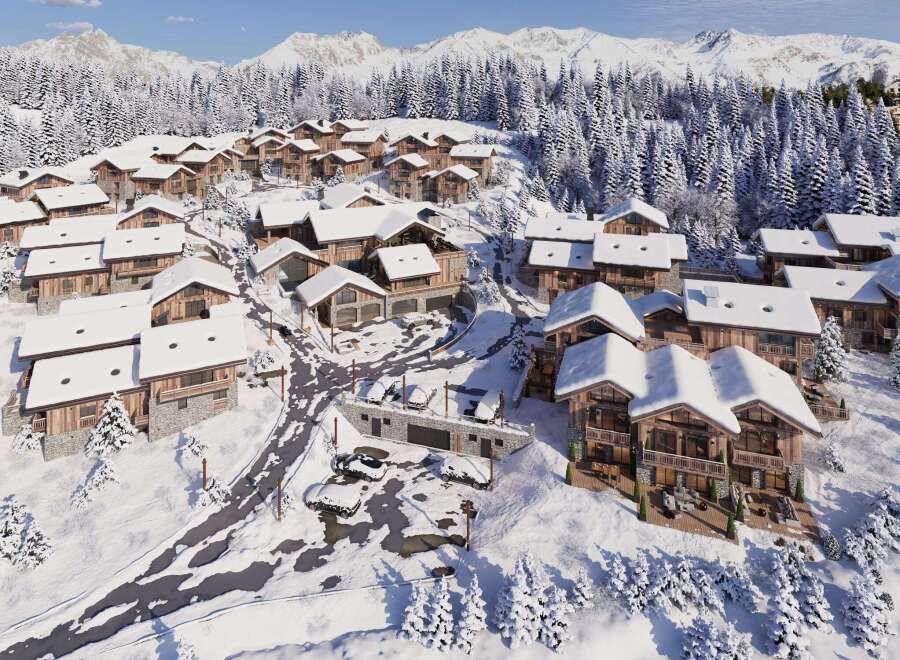 Experience the ultimate winter getaway in these stunning chalets nestled in a snowy mountain landscape.